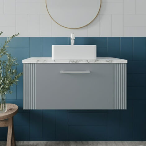 Nuie Deco Wall Hung 1-Drawer Vanity Unit with Carrera Marble Worktop 800mm Wide - Satin Grey (1/5)