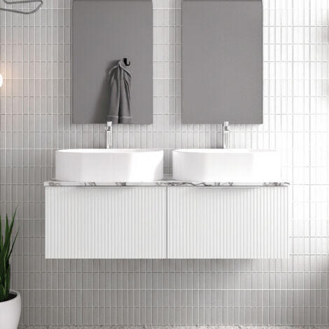 Hudson Reed Fluted Wall Hung 2-Drawer Vanity Unit with Carrera Marble Worktop 1200mm Wide - Satin White (1/4)