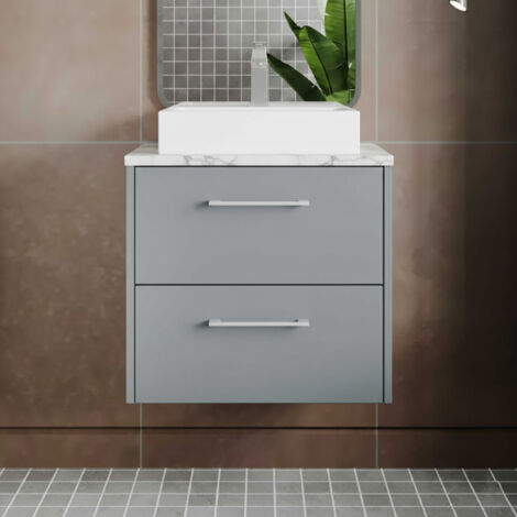 Hudson Reed Juno Wall Hung 2-Drawer Vanity Unit with Carrera Marble Worktop 600mm Wide - Coastal Grey (1/4)
