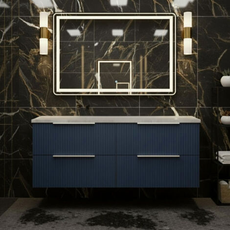 Hudson Reed Fluted Wall Hung 4-Drawer Vanity Unit with Bellato Grey Worktop 1200mm Wide - Satin Blue (1/4)