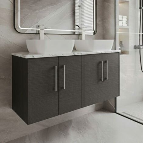 Hudson Reed Juno Wall Hung 4-Door Vanity Unit with Carrera Marble Worktop 1200mm Wide - Graphite Grey Woodgrain (1/4)