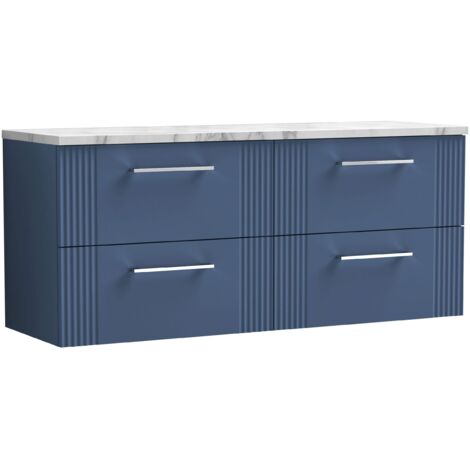 Nuie Deco Wall Hung 4-Drawer Vanity Unit with Carrera Marble Worktop 1200mm Wide - Satin Blue (1/4)