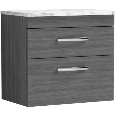 Nuie Athena Wall Hung 2-Drawer Vanity Unit with Carrera Marble Worktop 600mm Wide - Anthracite Woodgrain (1/4)