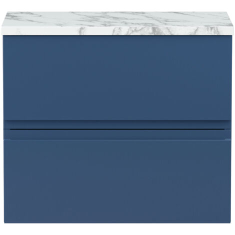 Hudson Reed Urban Wall Hung 2-Drawer Vanity Unit with Carrera Marble Worktop 600mm Wide - Satin Blue (1/3)