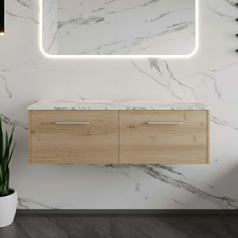 Hudson Reed Juno Wall Hung 2-Drawer Vanity Unit with Carrera Marble Worktop 1200mm Wide - Autumn Oak (1/4)