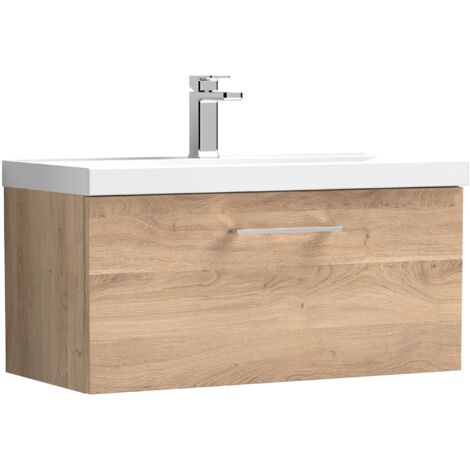 Nuie Arno Bleached Oak Woodgrain 800mm Wall Hung Single Drawer Vanity Unit and Thin Edge Ceramic Basin - ARN3025D (1/5)