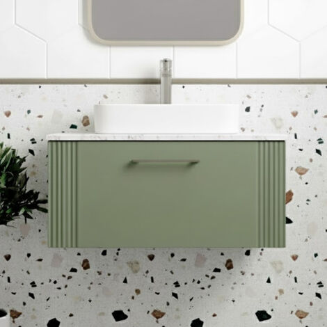 Nuie Deco Wall Hung 1-Drawer Vanity Unit with Carrera Marble Worktop 800mm Wide - Satin Green