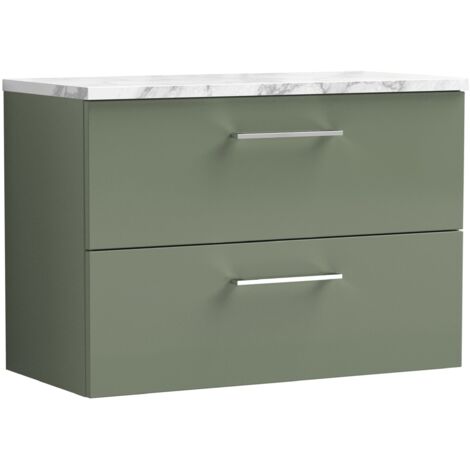Nuie Arno Wall Hung 2-Drawer Vanity Unit with Carrera Marble Worktop 800mm Wide - Satin Green (1/4)