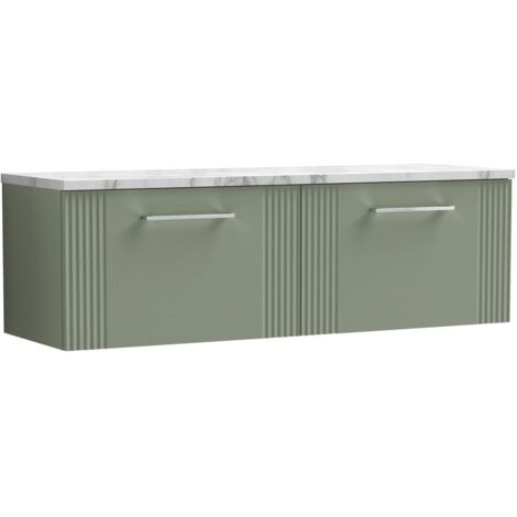 Nuie Deco Wall Hung 2-Drawer Vanity Unit with Carrera Marble Worktop 1200mm Wide - Satin Green (1/4)