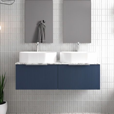 Hudson Reed Fluted Wall Hung 2-Drawer Vanity Unit with Carrera Marble Worktop 1200mm Wide - Satin Blue (1/4)