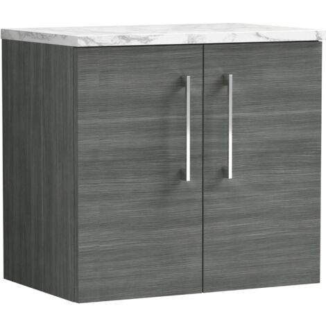 Nuie Arno Wall Hung 2-Door Vanity Unit with Carrera Marble Worktop 600mm Wide - Anthracite Woodgrain (1/4)