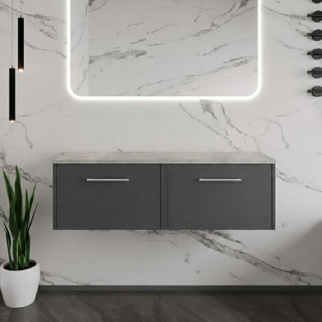 Hudson Reed Juno Wall Hung 2-Drawer Vanity Unit with Bellato Grey Worktop 1200mm Wide - Graphite Grey Woodgrain (1/4)