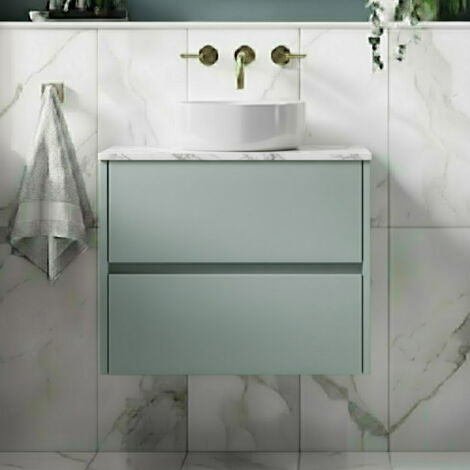 Havana Wall Hung 2-Drawer Vanity Unit with Carrera Marble Worktop 600mm Wide - Coastal Grey