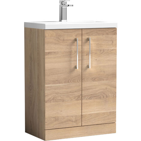 Nuie Arno Compact Floor Standing 2-Door Vanity Unit with Polymarble Basin 600mm Wide - Bleached Oak (1/5)