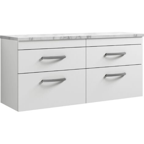 Nuie Athena Wall Hung 4-Drawer Vanity Unit with Carrera Marble Worktop 1200mm Wide - Gloss White (1/4)