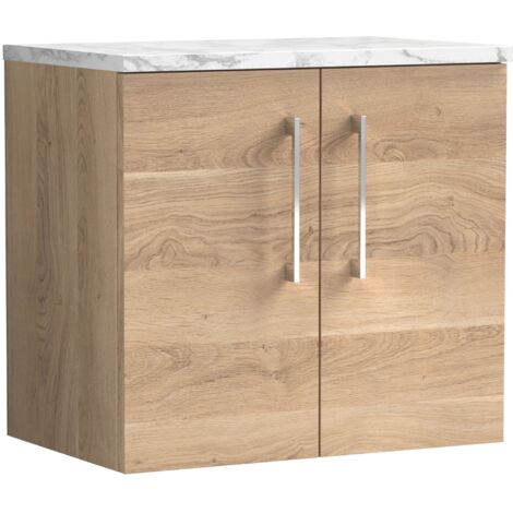 Nuie Arno Wall Hung 2-Door Vanity Unit with Carrera Marble Worktop 600mm Wide - Bleached Oak (1/4)