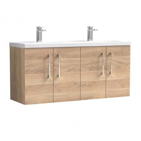 Nuie Arno Wall Hung 4-Door Vanity Unit with Double Ceramic Basin 1200mm Wide - Bleached Oak