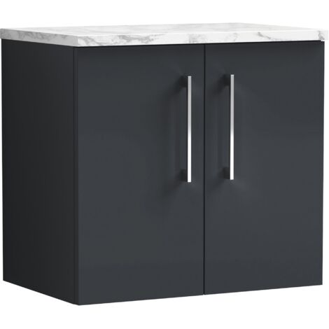 Nuie Arno Wall Hung 2-Door Vanity Unit with Carrera Marble Worktop 600mm Wide - Satin Anthracite (1/4)