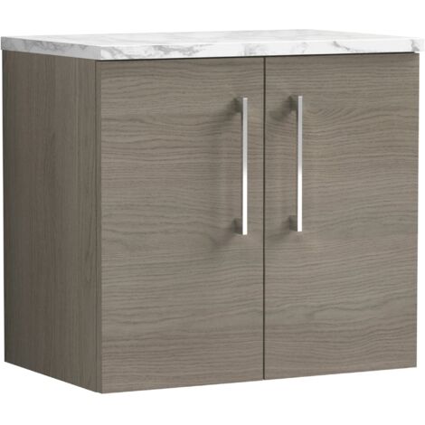 Nuie Arno Wall Hung 2-Door Vanity Unit with Carrera Marble Worktop 600mm Wide - Solace oak (1/4)