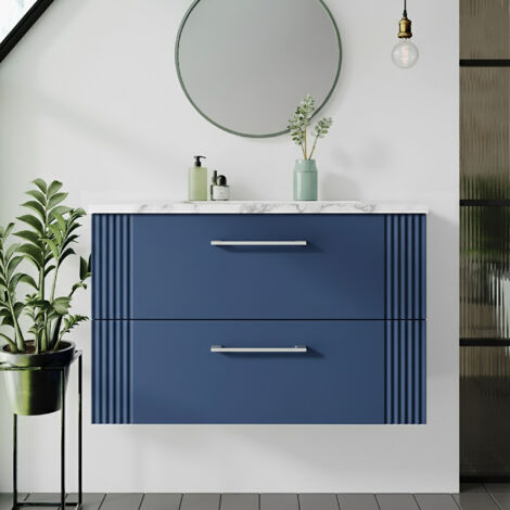 Nuie Deco Wall Hung 2-Drawer Vanity Unit with Carrera Marble Worktop 800mm Wide - Satin Blue (1/5)