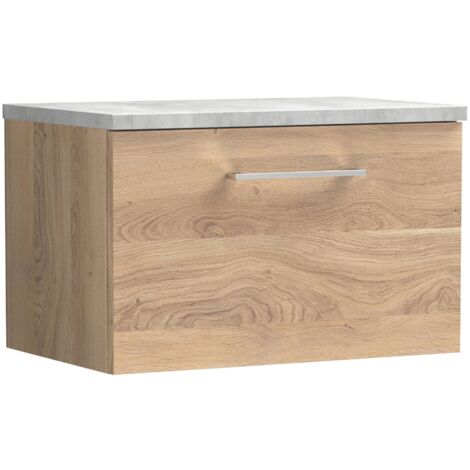 Nuie Arno Wall Hung 1-Drawer Vanity Unit with Bellato Grey Worktop 600mm Wide - Bleached Oak (1/4)