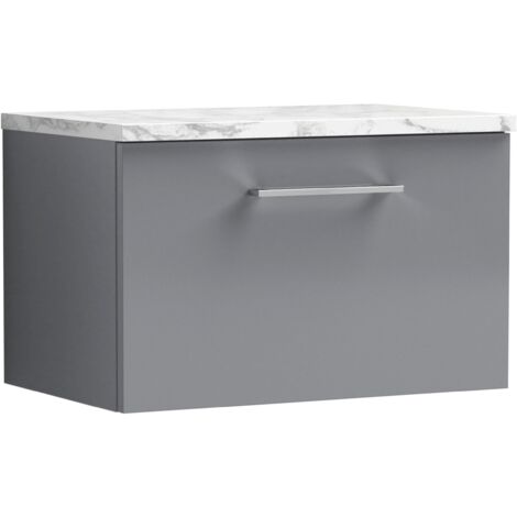 Nuie Arno Wall Hung 1-Drawer Vanity Unit with Carrera Marble Worktop 600mm Wide - Satin Grey (1/4)