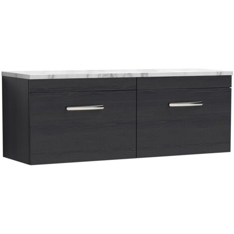 Nuie Athena Wall Hung 2-Drawer Vanity Unit with Carrera Marble Worktop 1200mm Wide - Charcoal Black Woodgrain (1/4)