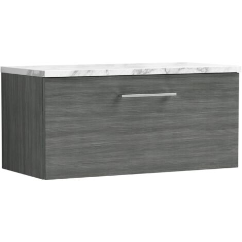 Nuie Arno Wall Hung 1-Drawer Vanity Unit with Carrera Marble Worktop 800mm Wide - Anthracite Woodgrain (1/4)