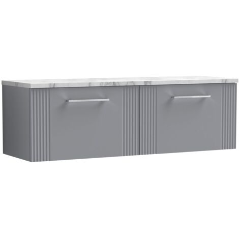 Nuie Deco Wall Hung 2-Drawer Vanity Unit with Carrera Marble Worktop 1200mm Wide - Satin Grey (1/4)