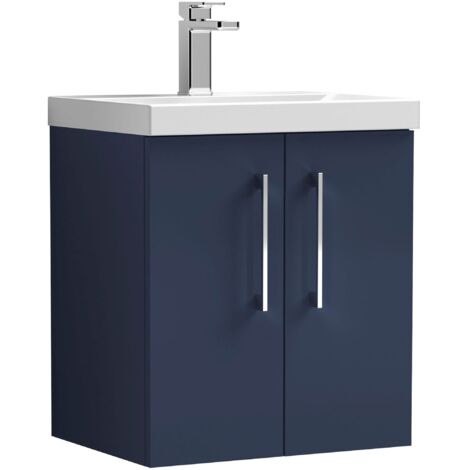 Nuie Arno Satin Midnight Blue 500mm Wall Hung 2 Door Vanity Unit and Thin Edge Ceramic Basin - ARN2921D