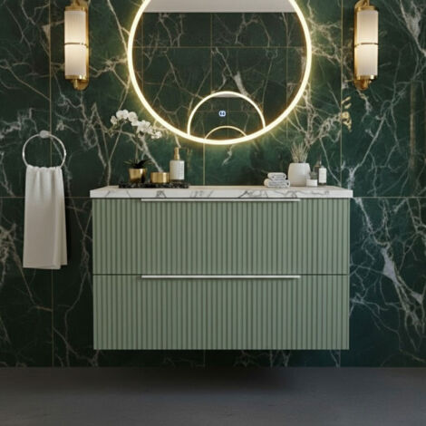 Hudson Reed Fluted Wall Hung 2-Drawer Vanity Unit with Carrera Marble Worktop 800mm Wide - Satin Green