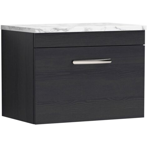 Nuie Athena Wall Hung 1-Drawer Vanity Unit with Carrera Marble Worktop 600mm Wide - Charcoal Black Woodgrain (1/4)