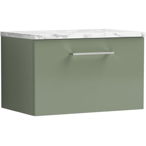 Nuie Arno Wall Hung 1-Drawer Vanity Unit with Carrera Marble Worktop 600mm Wide - Satin Green (1/4)