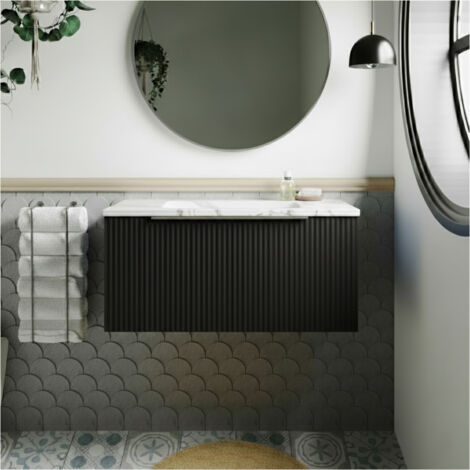 Hudson Reed Fluted Wall Hung 1-Drawer Vanity with Carrera Marble Worktop 800mm Wide - Satin Anthracite