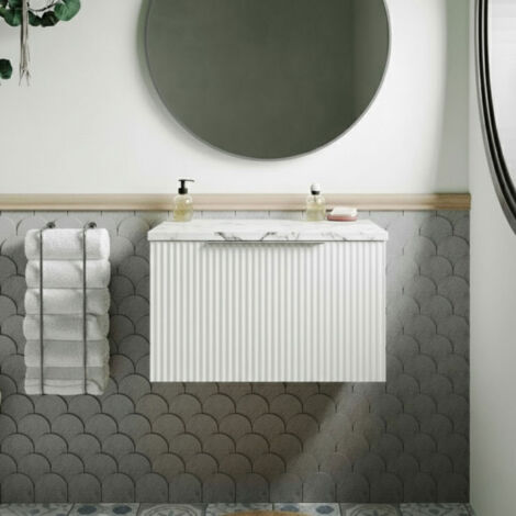 Hudson Reed Fluted Wall Hung 1-Drawer Vanity Unit with Carrera Marble Worktop 600mm Wide - Satin White (1/4)