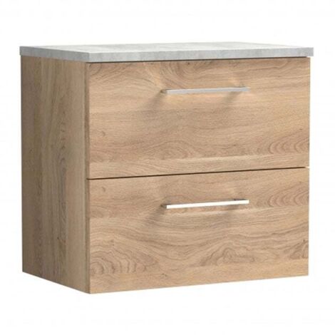 Nuie Arno Wall Hung 2-Drawer Vanity Unit with Bellato Grey Worktop 600mm Wide - Bleached Oak (1/4)