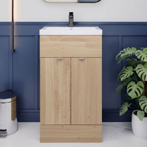 Hudson Reed Fusion Floor Standing 2-Door Vanity Unit with Ceramic Basin 500mm Wide - Bleached Oak (1/5)