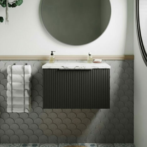 Hudson Reed Fluted Wall Hung 1-Drawer Vanity Unit with Carrera Marble Worktop 600mm Wide - Satin Anthracite (1/4)
