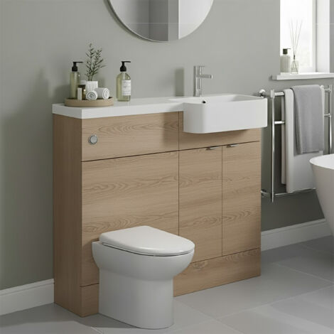 Hudson Reed Fusion Bleached Oak Woodgrain 1000mm 2 Door Combination Vanity Unit Toilet Suite with Right Hand Round Semi Recessed Basin - CBI3045