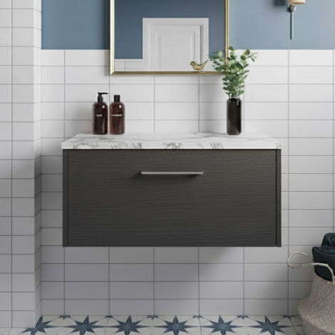 Hudson Reed Juno Wall Hung 1-Drawer Vanity with Carrera Marble Worktop 800mm Wide - Graphite Grey Woodgrain (1/4)