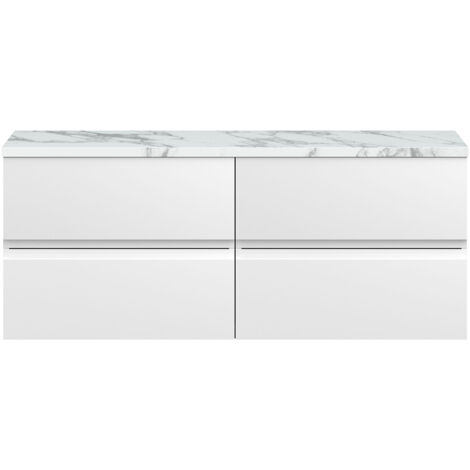 Hudson Reed Urban Wall Hung 4-Drawer Vanity Unit with Carrera Marble Worktop 1200mm Wide - Satin White (1/3)