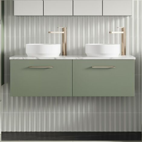 Nuie Arno Wall Hung 2-Drawer Vanity Unit with Carrera Marble Worktop 1200mm Wide - Satin Green (1/5)