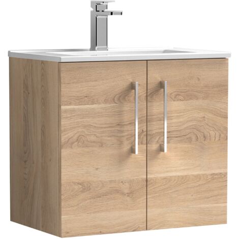 Nuie Arno Bleached Oak Woodgrain 600mm Wall Hung 2 Door Vanity Unit and Minimalist Ceramic Basin - ARN3023B (1/5)