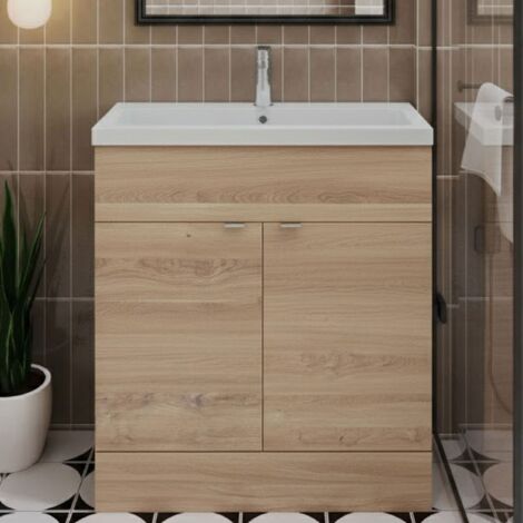 Hudson Reed Fusion Floor Standing 2-Door Vanity Unit with Ceramic Basin 800mm Wide - Bleached Oak (1/5)