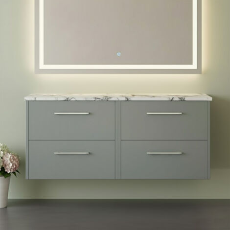 Hudson Reed Juno Wall Hung 4-Drawer Vanity Unit with Carrera Marble Worktop 1200mm Wide - Coastal Grey (1/4)
