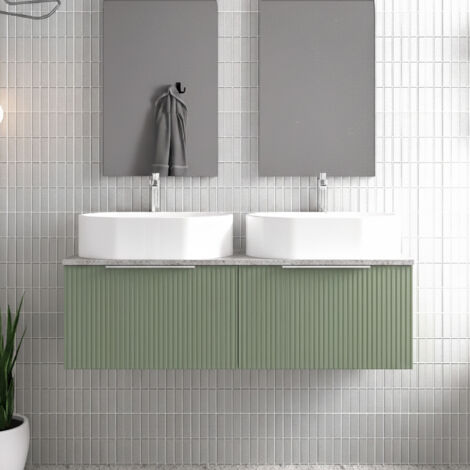 Hudson Reed Fluted Wall Hung 2-Drawer Vanity Unit with Bellato Grey Worktop 1200mm Wide - Satin Green (1/4)