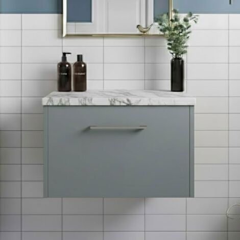 Hudson Reed Juno Wall Hung 1-Drawer Vanity Unit with Carrera Marble Worktop 600mm Wide - Coastal Grey (1/4)