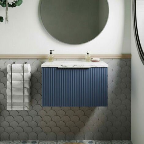 Hudson Reed Fluted Wall Hung 1-Drawer Vanity Unit with Carrera Marble Worktop 600mm Wide - Satin Blue (1/4)