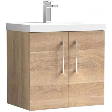 Nuie Arno Bleached Oak Woodgrain 600mm Wall Hung 2 Door Vanity Unit and Thin Edge Ceramic Basin - ARN3023D (1/4)