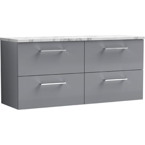 Nuie Arno Wall Hung 4-Drawer Vanity Unit with Carrera Marble Worktop 1200mm Wide - Satin Grey (1/4)